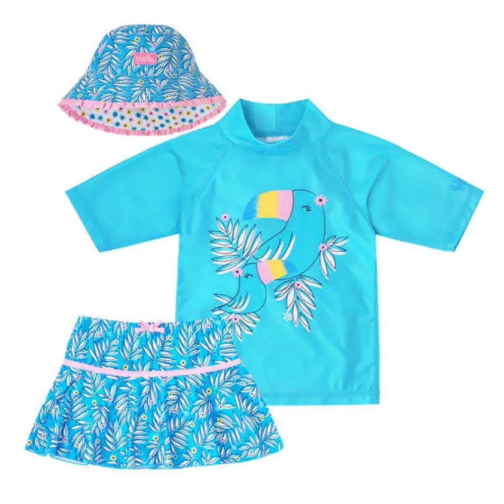 NWT UV Skinz Kids' 3-piece UPF 50+ Swim Set with Sun Hat, Aqua Toucan 12/18 M